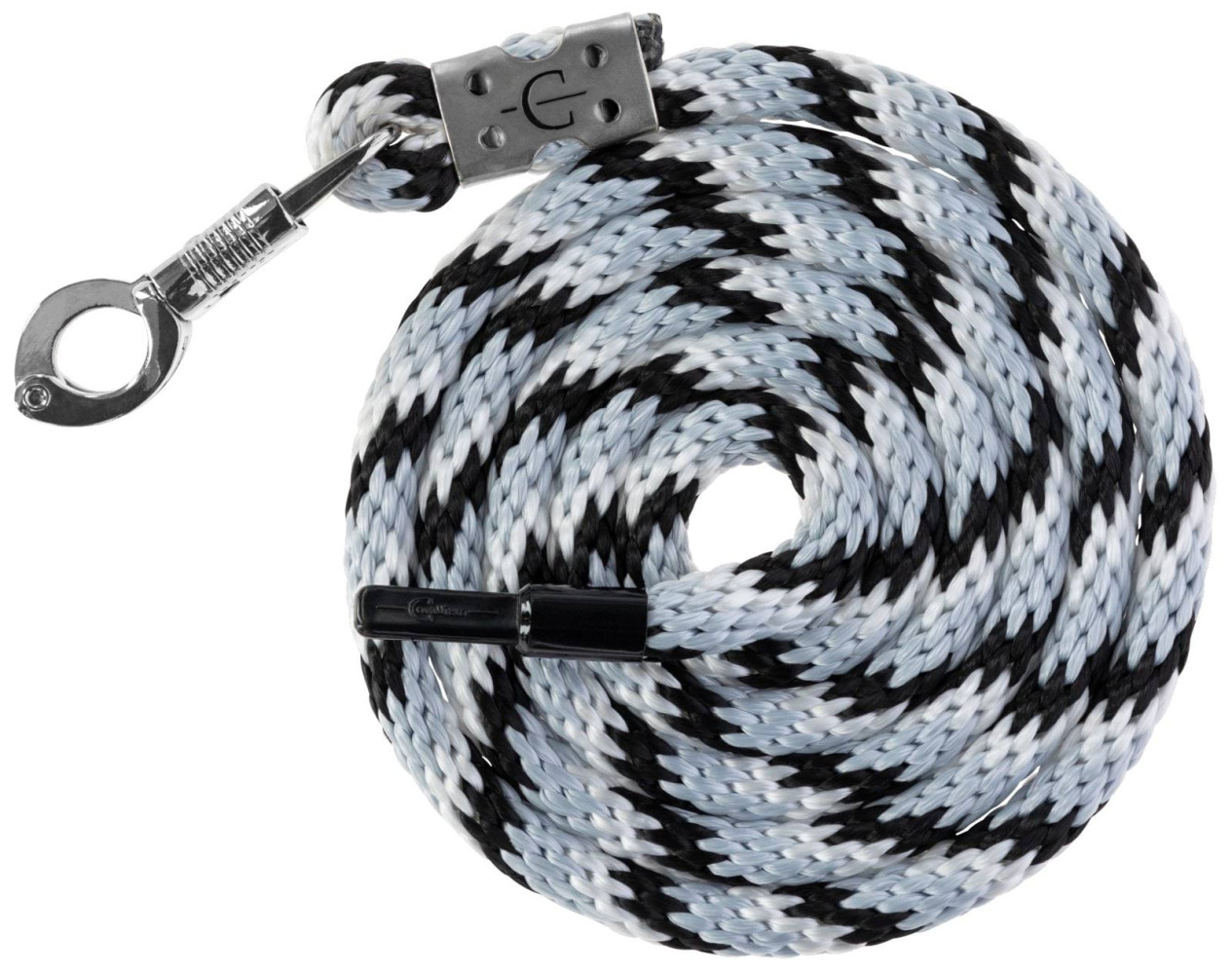 Uwiąz dla konia Mustang, bezpieczny karabińczyk, srebrny/czarny/biały,  200 cm, Covalliero