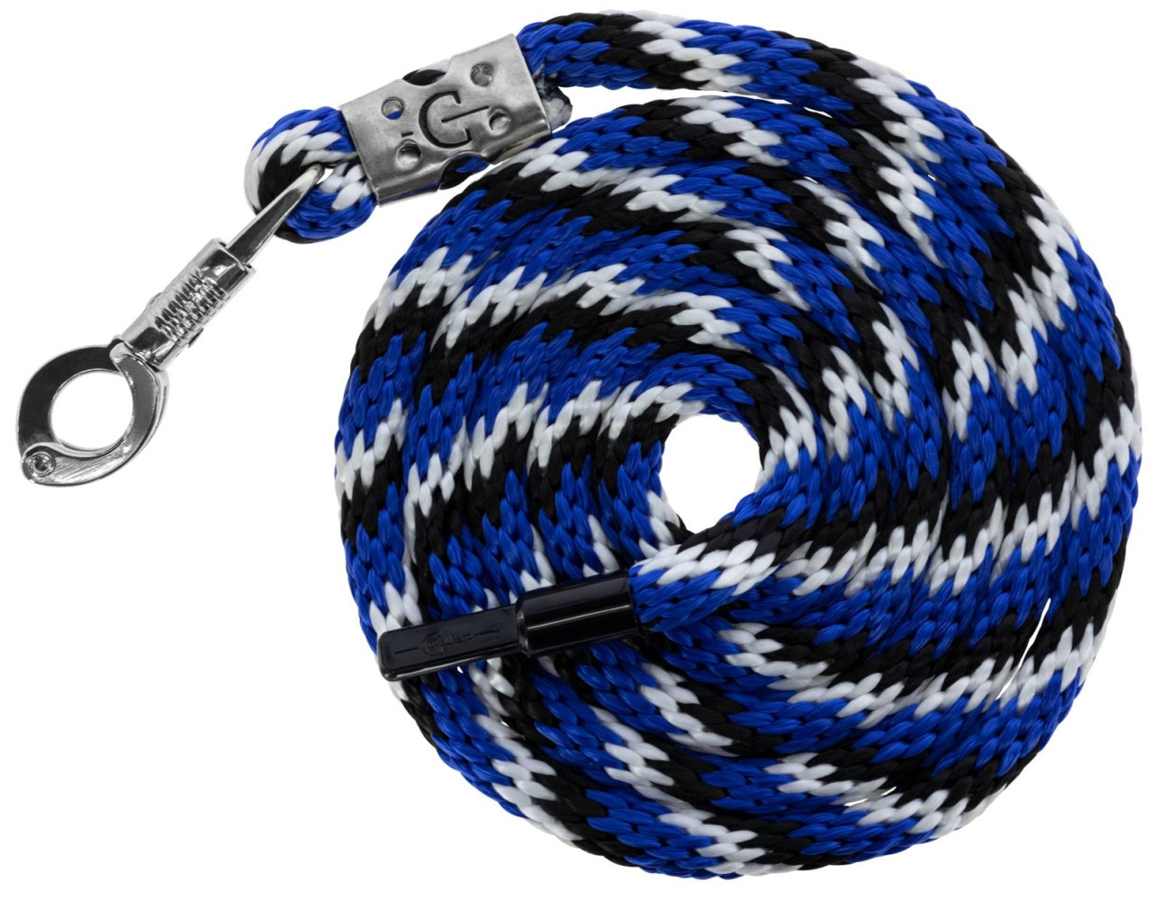 Uwiąz dla konia Mustang, bezpieczny karabińczyk, niebieski/czarny/biały, 200 cm, Covalliero